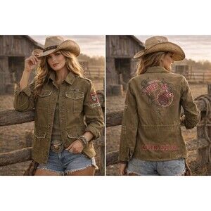 Cowgirl Tuff Co Women’s Khaki Military Utility  Western Jacket Rodeo Sz L